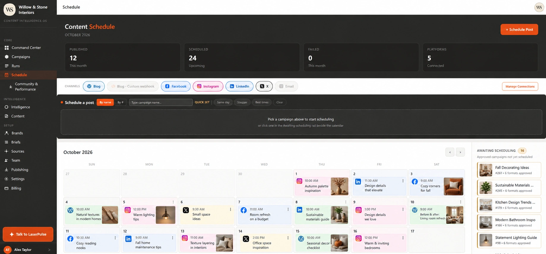 LaserPulse calendar populated with example scheduled content