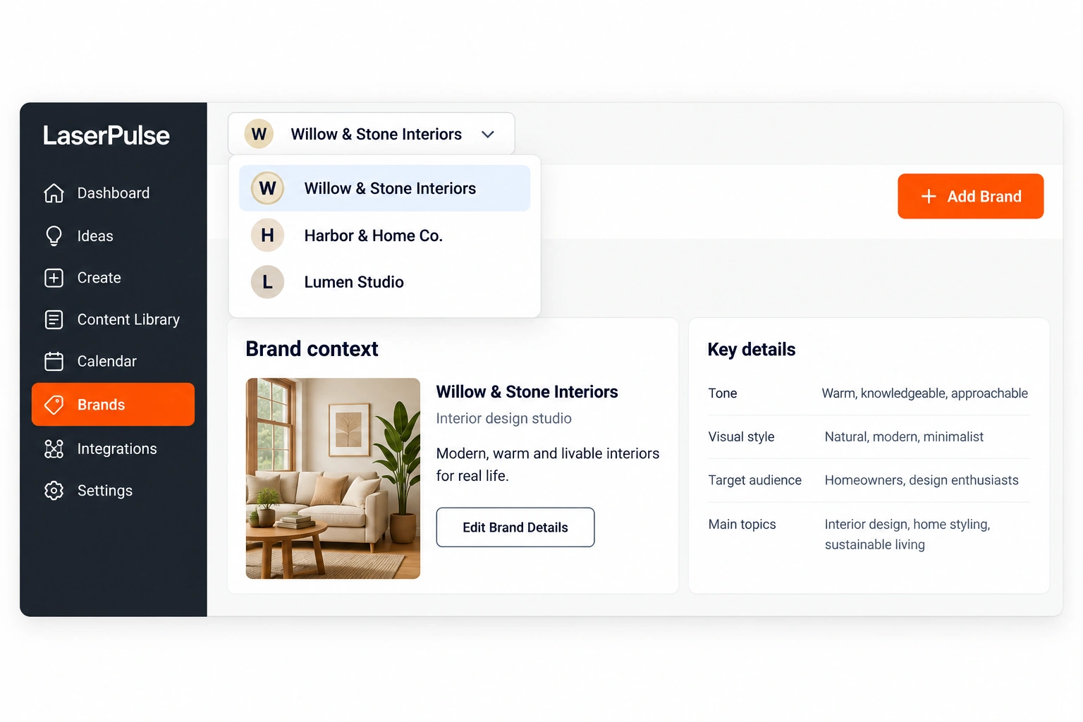 Example brand selector showing separate brand contexts